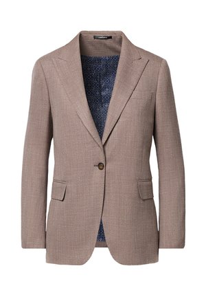 Brązowa marynarka jednorzędowa z klapami z wycięciem, dwoma przednimi kieszeniami z patką oraz wzorzystą ciemnoniebieską podszewką.