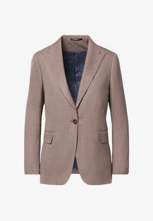 Brązowa marynarka jednorzędowa z klapami z wycięciem, dwoma przednimi kieszeniami z patką oraz wzorzystą ciemnoniebieską podszewką.