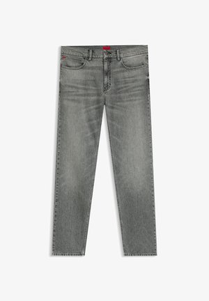 Grijze denim jeans met een rechte pijpdesign, met subtiele vervaging, vijf zakken en een rode merklabel op de tailleband.