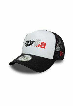 Weiß-schwarze verstellbare Mesh-Kappe mit "aprilia"-Logo in Schwarz, Grau und Rot auf der Vorderseite und rotem Emblem auf dem Seitenpaneel.