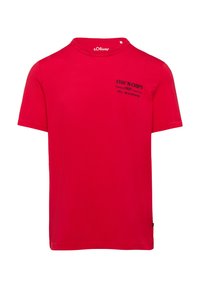 Rode katoenen t-shirt met korte mouwen, een ronde hals en een print op de voorkant met de tekst "FISH 'N CHIPS" in het zwart.