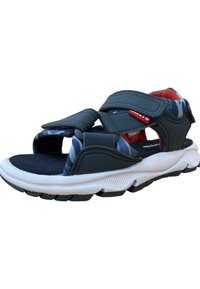 Sandalia negra y gris con tiras de velcro, diseño abierto, suela blanca, plantilla texturizada negra y acentos de camuflaje azul en el interior.