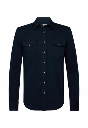 Camicia a maniche lunghe blu navy con colletto button-down, due tasche sul petto, dettagli in argento e orlo dritto con chiusure a bottone.