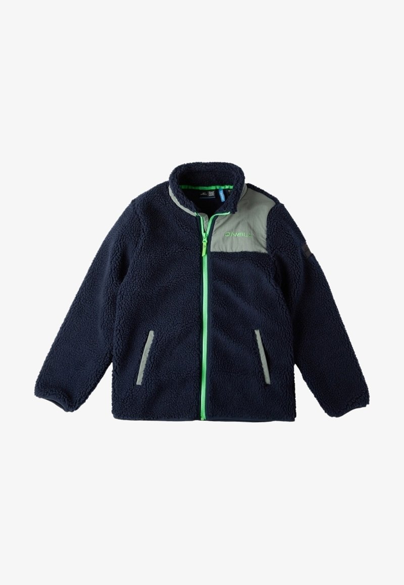Veste polaire bleu marine avec un patch gris clair à l'épaule, une fermeture éclair verte et deux poches avant, présentant le logo O'Neill sur la poitrine.