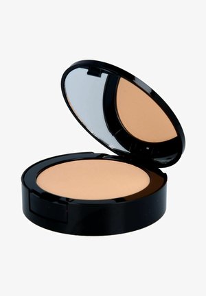 Kompaktpuder in einem schwarzen Plastikgehäuse, mit einem klaren Spiegel im Deckel und einem glatten beigen Puder im Inneren. Abgerundetes Design mit einer reflektierenden Oberfläche.