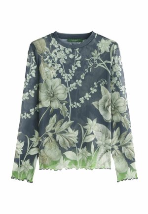Long-sleeve sheer navy top with white and green floral print and lettuce-edge hem and cuffs.