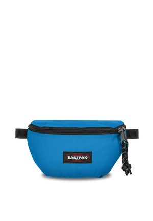 Blue fabric waist bag with a zipper closure, black accents, and a logo label. Rounded shape with a side strap and textured surface.