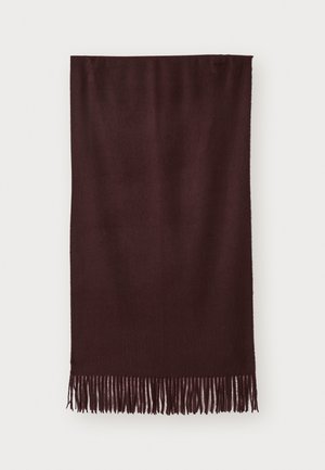 Maroon scarf made of soft fabric, featuring a smooth texture and long fringes at the hem for added detail. Rectangular shape, drapes flat.