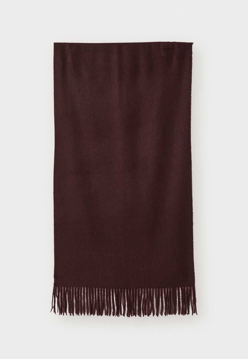 Maroon scarf made of soft fabric, featuring a smooth texture and long fringes at the hem for added detail. Rectangular shape, drapes flat.