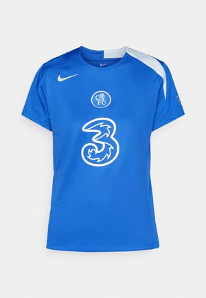 Blå Nike fotbolls tröja med korta ärmar, rund hals, en klubblogga på bröstet, och ett stort vitt nummer "3" design.