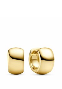 Guldtonade hoopörhängen med en slät, rundad design, som har en polerad yta och en säker gångjärnsstängning för enkel användning.