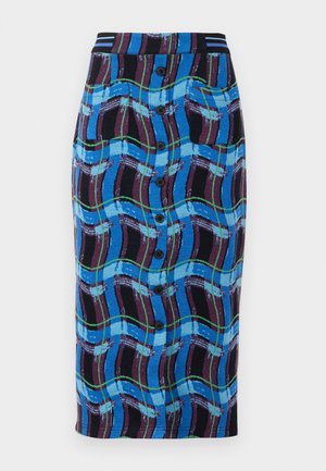 Knielange rok in het blauw met een meerkleurig golfpatroon, voorzien van een zwarte tailleband, eenrijige knopen aan de voorkant en twee zijzakken.