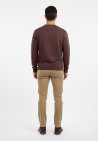 Sudadera de algodón marrón con cuello redondo, puños y dobladillo acanalados, combinada con pantalones beige y zapatos oscuros, vista desde la parte posterior.