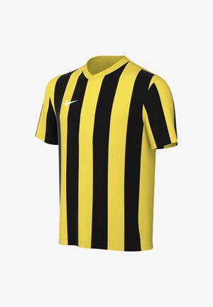 Maillot de sport à manches courtes avec des rayures verticales noires et jaunes et un logo Nike blanc sur la poitrine, col en V.