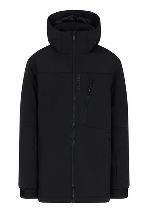 Veste isolée noire avec un col montant, fermeture éclair complète et une poche poitrine zippée. Présente une texture lisse et un design simple.