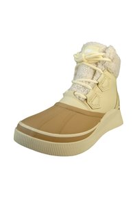 Beige og krem vanntett støvel med teksturert gummisåle, fluffy for, snøring og forsterkete snørehull for ekstra holdbarhet.