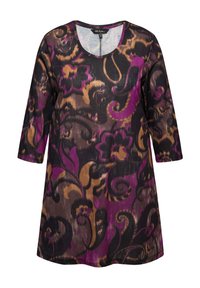 Langarm blouse in doorschijnend materiaal met een bloemenpatroon in paars, bruin en zwart, voorzien van een ronde halslijn en een kleine sluiting aan de achterkant.