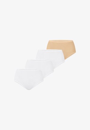 Vier katoenen damesslips, drie in wit en één in beige, diagonaal gerangschikt op een effen witte achtergrond.