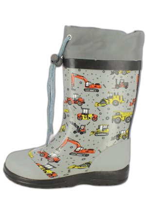 Rubberen regenlaars met een grijs ontwerp en kleurrijke patronen van bouwvoertuigen. Inclusief een aangesnoerd bovenkant en een gestructureerde zwarte zool.