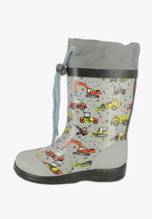 Botte de pluie en caoutchouc avec un design gris arborant des motifs de véhicules de construction colorés. Comprend un haut resserré et une semelle noire texturée.