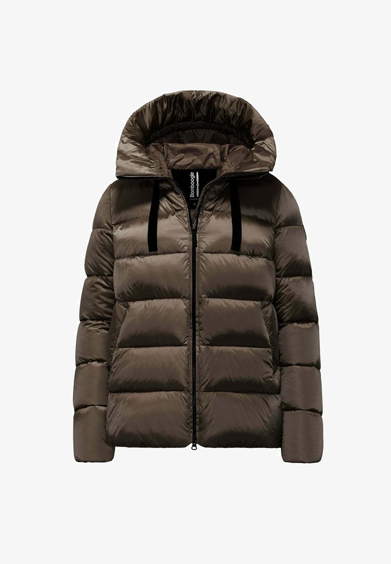 Pufferjack in donker olijfgroen met een capuchon, een gevoerde uitstraling, een rits aan de voorkant en zwarte trekkoorden. Gladde, glanzende stoftextuur.