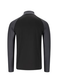 Svart långärmad skjorta med en texturerad krage och mörkgrå randiga detaljer på ärmarna, tillverkad av en mjuk och stretchig tyg.