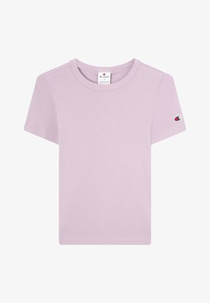 T-shirt Champion mauve clair à manches courtes avec col rond et petit logo sur la manche gauche.
