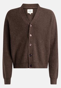 Hnedý, textúrovaný cardigan s V-výstrihom, zapínaním na gombíky a dlhými rukávmi. Obsahuje veľké tmavé gombíky a skrátený dizajn.