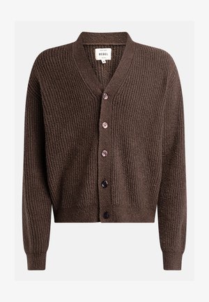 Brown, textured cardigan with a V-neck, button-front closure, and long sleeves. Features large dark buttons and a cropped design.