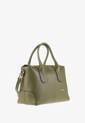 Sac à main en cuir vert olive avec une surface texturée, double anses, une bandoulière amovible et des accents en métal doré.