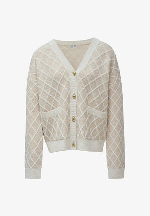 Beige knitted cardigan with a diamond pattern, v-neckline, four golden buttons, and front pockets, featuring a textured finish.