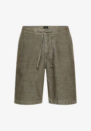 Olivgrüne Cord-Shorts mit elastischem Bund und vorderem Kordelzug, knielang mit lässiger Passform.