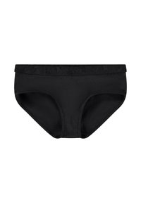 Zwarte bikini-broek gemaakt van soepele stof, met een brede kanten tailleband en een klassieke slipvorm met elastische randen.