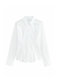 White long-sleeve shirt made of cotton, featuring a button-up front, pointed collar, and pleated hem detail. Smooth texture and classic design.