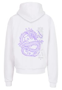 White hoodie with a hood featuring a purple dragon graphic and Japanese text. Soft fabric with ribbed cuffs and hem.