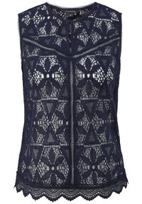 Navyblaue ärmellose Spitze-Oberteil mit floralen Mustern, rundem Ausschnitt und gewelltem Saum. Details umfassen aufwendige Nähte und eine transparente Overlay-Schicht.