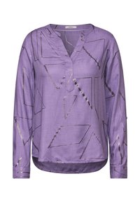 Langärmlige lila Bluse mit Notch-Kragen und geometrischen silbernen Mustern. Aus leichtem Stoff mit einer sanften Textur gefertigt.