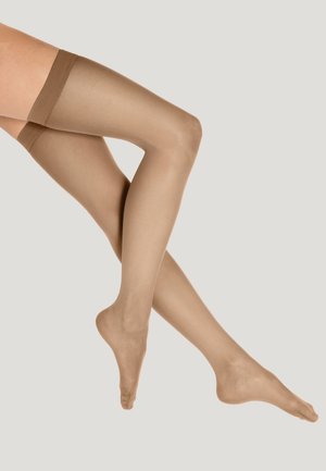 Bas de cuisse beige avec une bande supérieure opaque, texture lisse et corps transparent, mettant en valeur un design ajusté sur les jambes d'un mannequin.