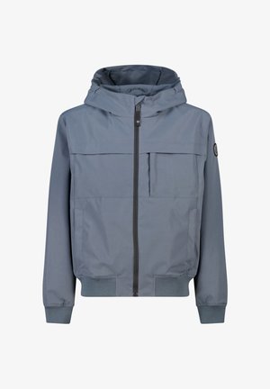 Graue Kapuzenjacke mit durchgehendem Reißverschluss, zwei großen Vorderteilen und gerippten Bündchen. Glatter, leichter Stoff.