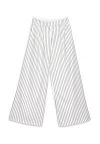 White wide-leg trousers with black vertical stripes, featuring a stretchy waistband and pleated front design. Soft fabric texture.
