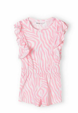 Rompers à rayures zèbres roses avec des manches à volants, taille élastique. Tissu doux avec une texture lisse, doté de boutons-pression pour un habillage facile.