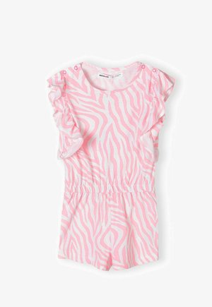 Romper de rayas de cebra rosa con mangas rizadas y cintura elástica. Tejido suave con una textura lisa, que cuenta con botones de presión para facilitar el vestirse.