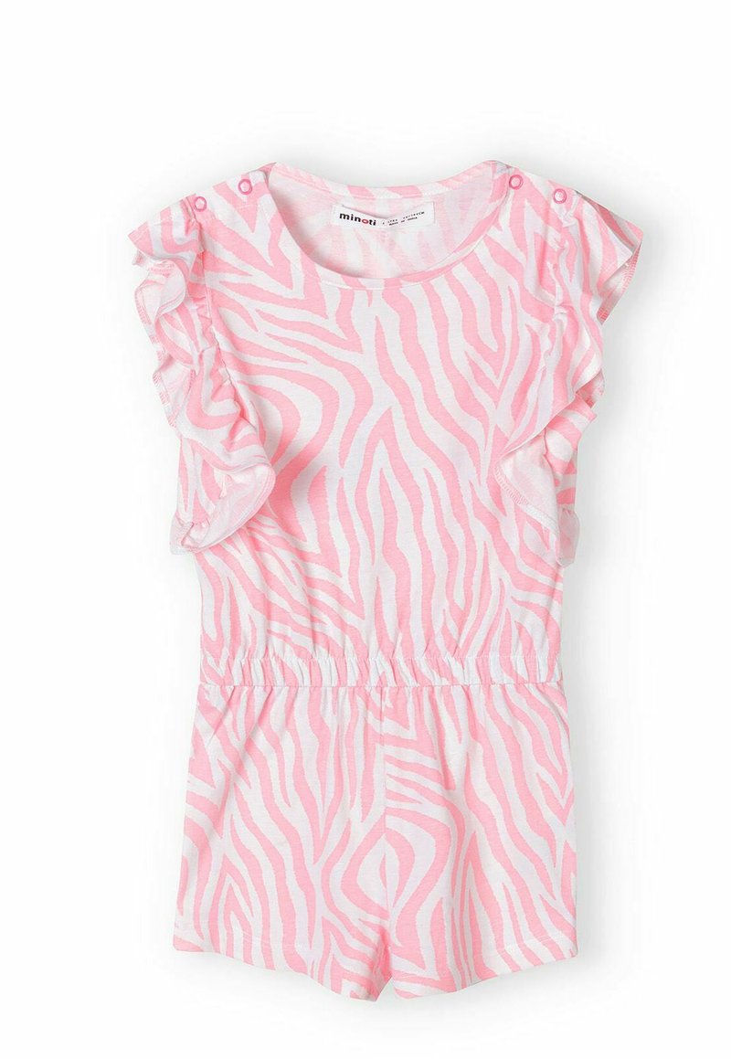 Rompers à rayures zèbres roses avec des manches à volants, taille élastique. Tissu doux avec une texture lisse, doté de boutons-pression pour un habillage facile.