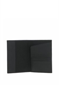 Portefeuille en cuir noir avec un intérieur texturé, plusieurs emplacements pour cartes sur la droite, et un design élégant et minimaliste.