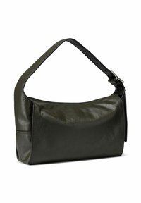 Olivgrüne Leder-Schultertasche mit glatter Textur, Reißverschlussverschluss und breitem Tragegurt. Sie zeichnet sich durch ein minimalistisches Design und eine runde Form aus.