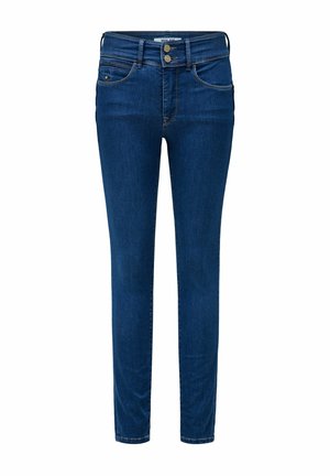 Vaqueros ajustados azul oscuro con cierre de doble botón, bolsillos delanteros y traseros, y trabillas para cinturón.