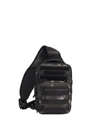 Kompakt sort og gråt kamouflagemønster taktisk skuldertaske med flere lynlåslommer og justerbar polstret skulderrem.