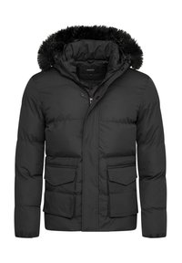 Schwarze Daunenjacke mit abnehmbarem, pelzgefüttertem Kapuzen, zwei Fronttaschen und Reißverschluss. Glatte, gesteppt wirkende Stoffstruktur.