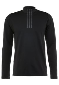 Schwarzes Langarmshirt mit hohem Kragen, das drei vertikale schwarze Streifen auf der Brust zeigt. Das Material wirkt glatt mit einem leichten Glanz.