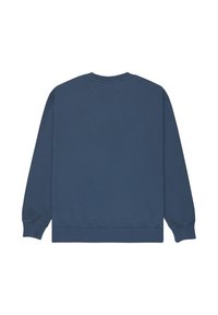 Sudadera de color azul marino oscuro con mangas largas, cuello redondo y puños y dobladillo acanalados. Hecha de tela suave y texturizada. Sin logotipos ni patrones visibles.